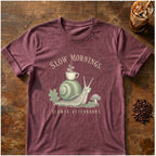 Snail graphic for Slow Mornings Snail on Heather-Maroon T-shirt