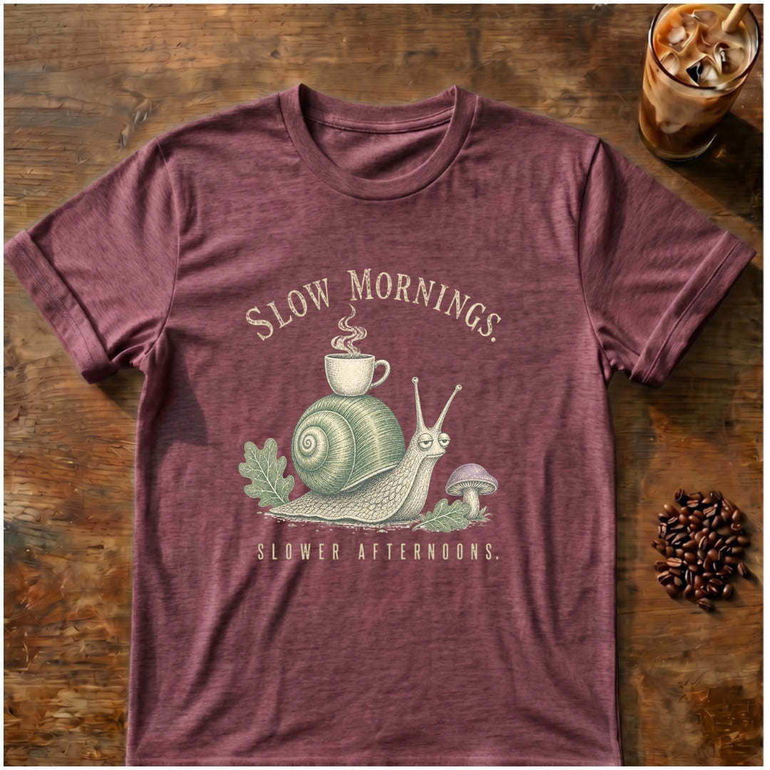 Snail graphic for Slow Mornings Snail on Heather-Maroon T-shirt