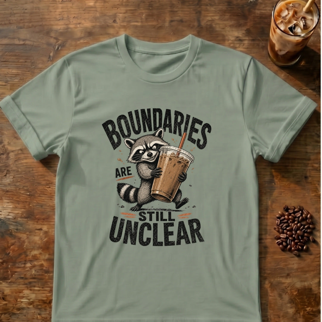 Raccoon graphic for Boundaries Are Still Unclear Raccoon on Sage T-shirt
