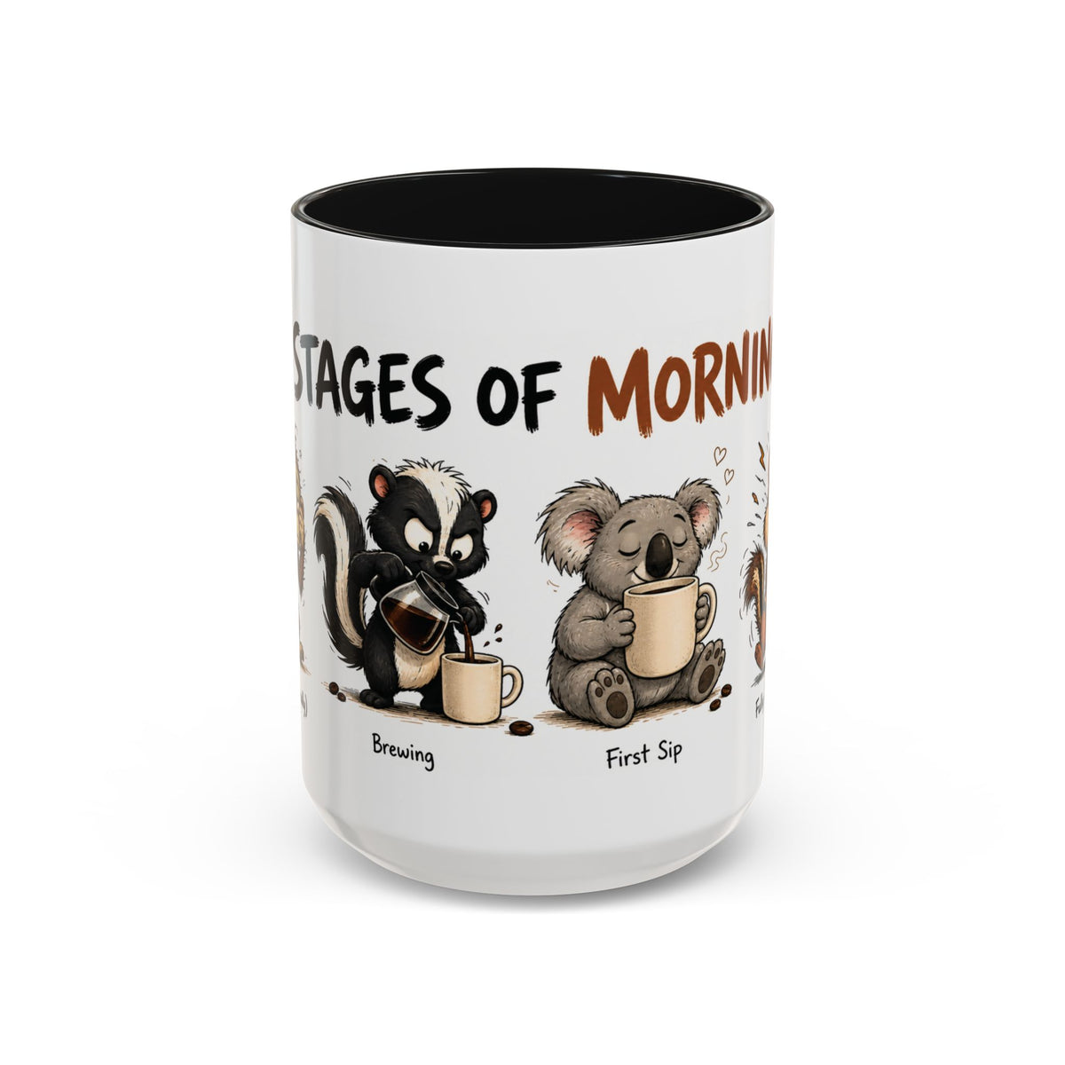 Stages of Morning Animal Coffee Mug, another view. Wraparound mug of cute animals, including a koala and a skunk, going through the “Stages of Morning” with coffee