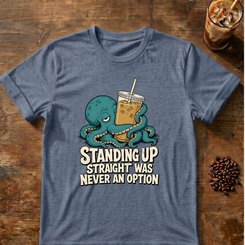 Octopus graphic for Standing Up Straight Octopus on heather-indigo T-shirt