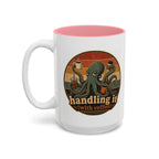 Handling It With Coffee Octopus Mug, 15 oz, white with pink interior. Sleepy octopus juggling four coffees with “Handling It (With Coffee)” text
