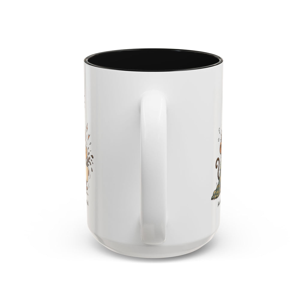 Stages of Morning Animal Coffee Mug, another view. Wraparound mug of cute animals, including a koala and a skunk, going through the “Stages of Morning” with coffee