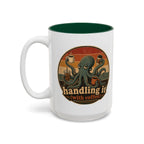 Handling It With Coffee Octopus Mug, another view. Sleepy octopus juggling four coffees with “Handling It (With Coffee)” text