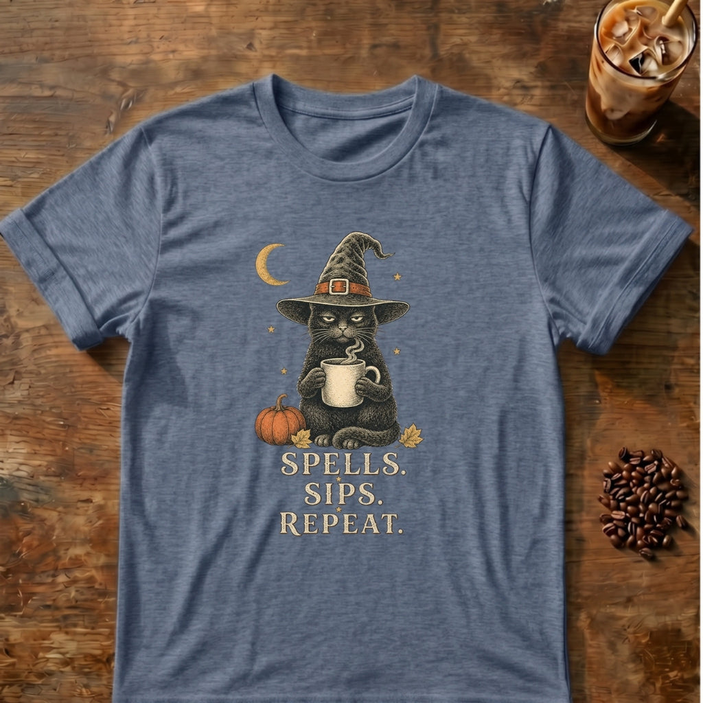Cat graphic for Spells Sips Repeat Cat on Heather-Indigo T-shirt
