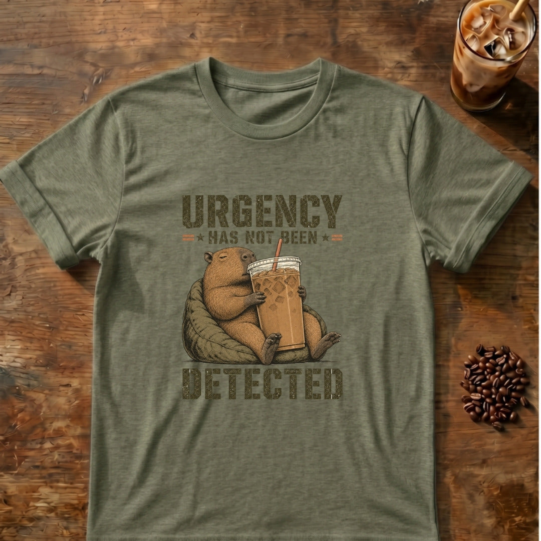 Capybara graphic for Urgency Not Detected Capybara on Heather-Military-Green T-shirt