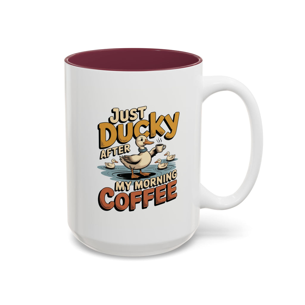 Just Ducky After My Morning Coffee Mug, another view. Cheerful duck raising a coffee cup in a pond with ducklings and “Just Ducky After My Morning Coffee” text