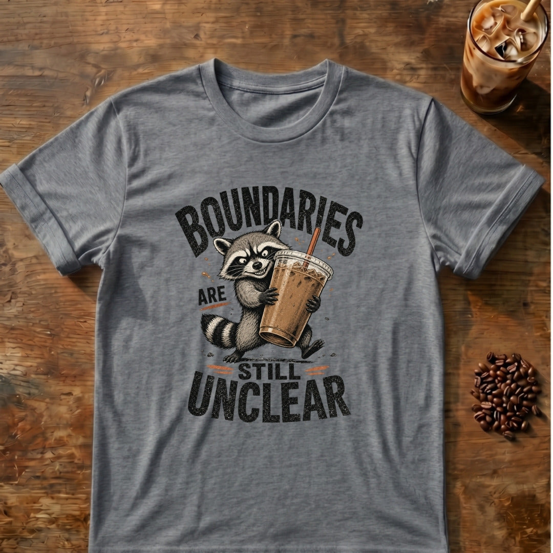 Raccoon graphic for Boundaries Are Still Unclear Raccoon on Graphite-Heather T-shirt