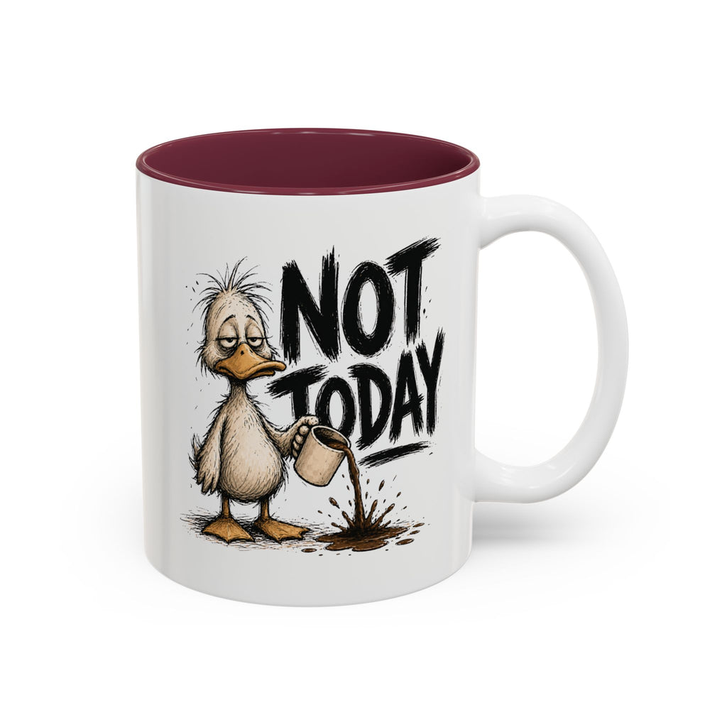 Not Today Duck Coffee Mug, another view. Wild-haired duck watching his coffee spill from a tipped mug