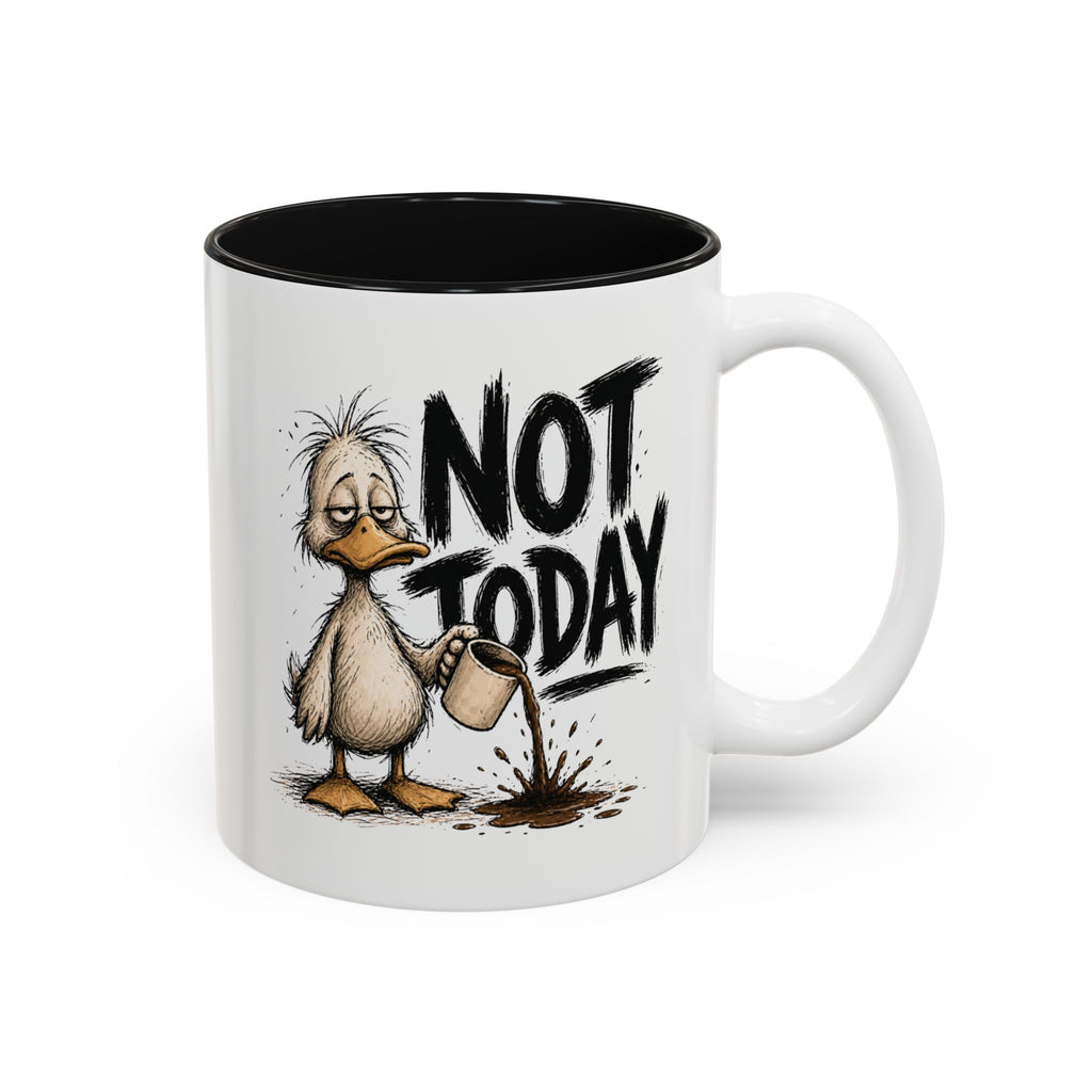 Not Today Duck Coffee Mug, another view. Wild-haired duck watching his coffee spill from a tipped mug