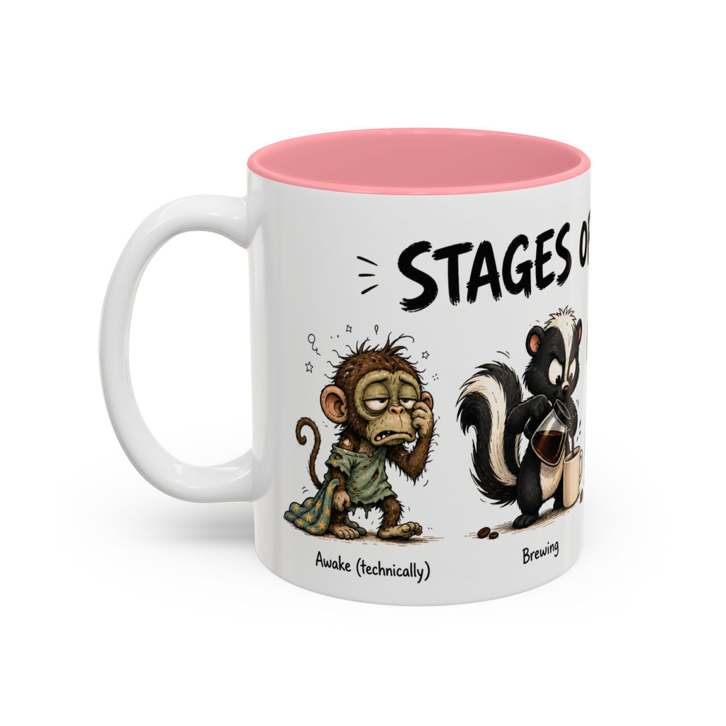 Stages of Morning Animal Coffee Mug, 11 oz, white with pink interior. Wraparound mug of cute animals, including a koala and a skunk, going through the “Stages of Morning” with coffee