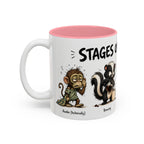 Stages of Morning Animal Coffee Mug, 11 oz, white with pink interior. Wraparound mug of cute animals, including a koala and a skunk, going through the “Stages of Morning” with coffee