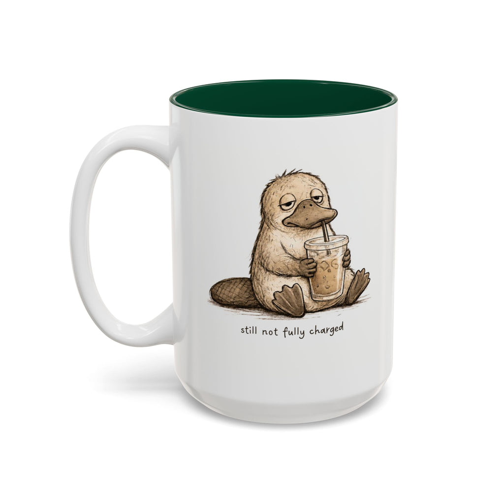 Still Not Fully Charged Platypus Coffee Mug, another view. Sleepy platypus sipping iced coffee with “still not fully charged” text