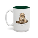 Still Not Fully Charged Platypus Coffee Mug, another view. Sleepy platypus sipping iced coffee with “still not fully charged” text
