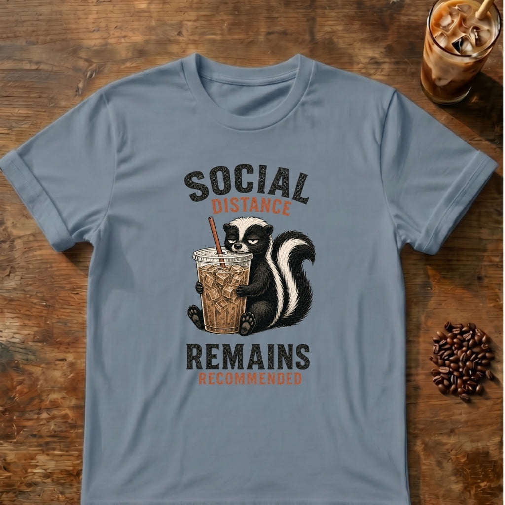 Skunk graphic for Social Distance Remains Skunk on Stone-Blue T-shirt