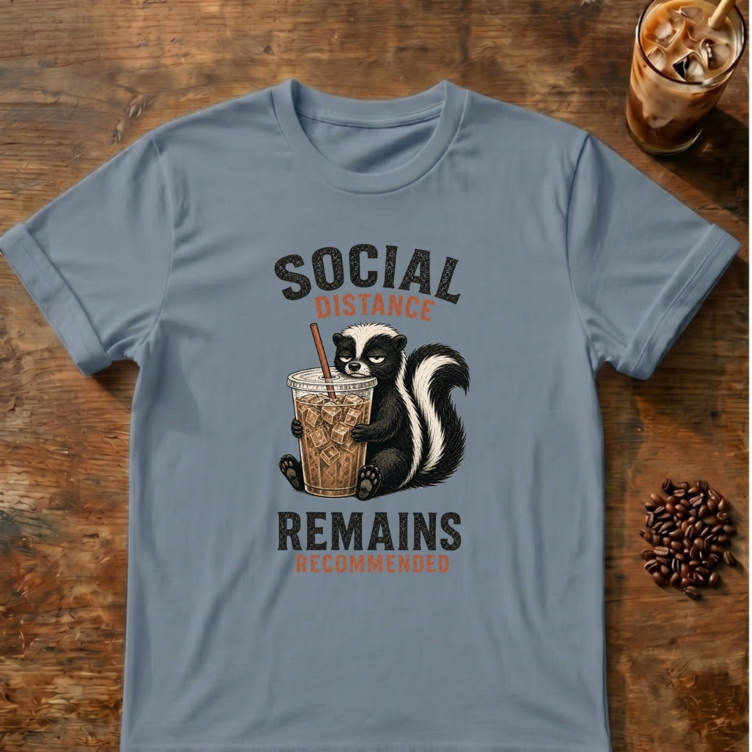 Skunk graphic for Social Distance Remains Skunk on Stone-Blue T-shirt