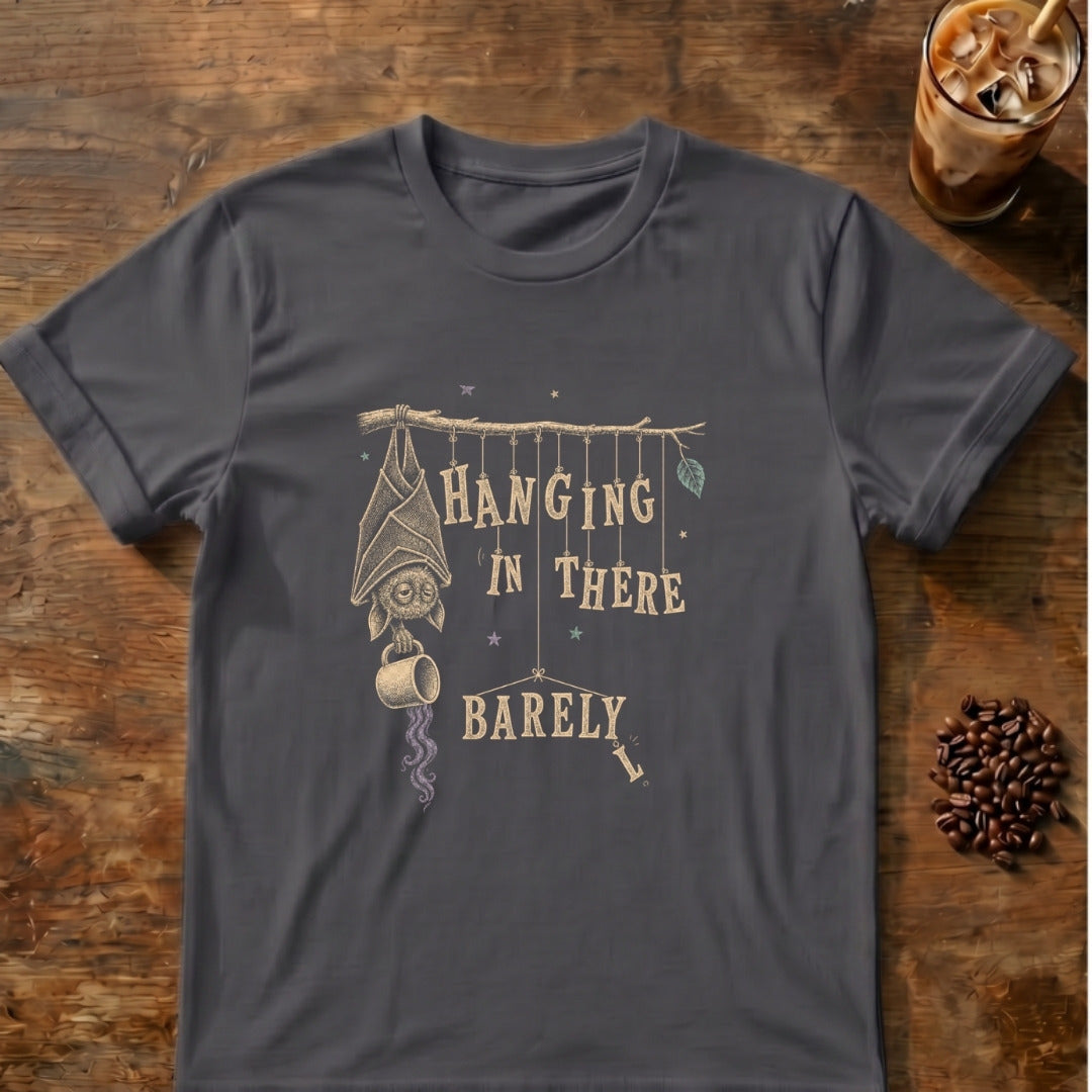Bat graphic for Hanging in There Bat on Charcoal T-shirt