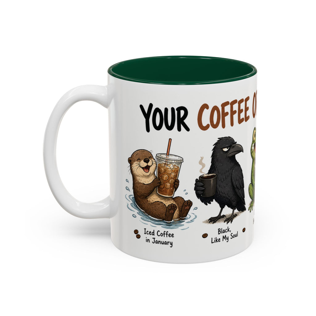 Coffee Order Personalities Animal Mug, another view. Wraparound mug of cute cartoon animals, each matched to a different coffee order