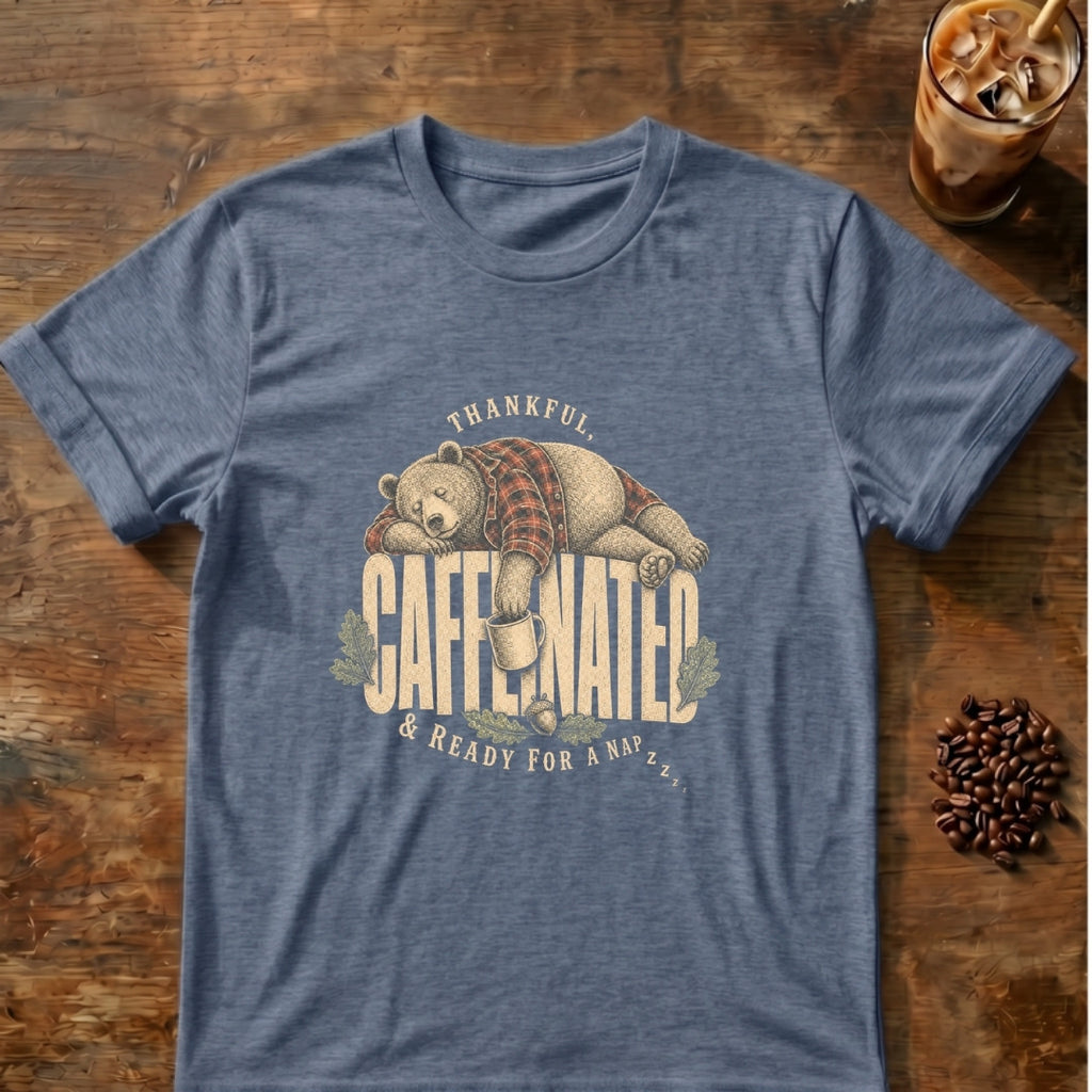Bear graphic for Thankful Caffeinated Bear on Heather-Indigo T-shirt
