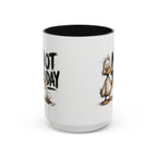 Not Today Duck Coffee Mug, another view. Wild-haired duck watching his coffee spill from a tipped mug