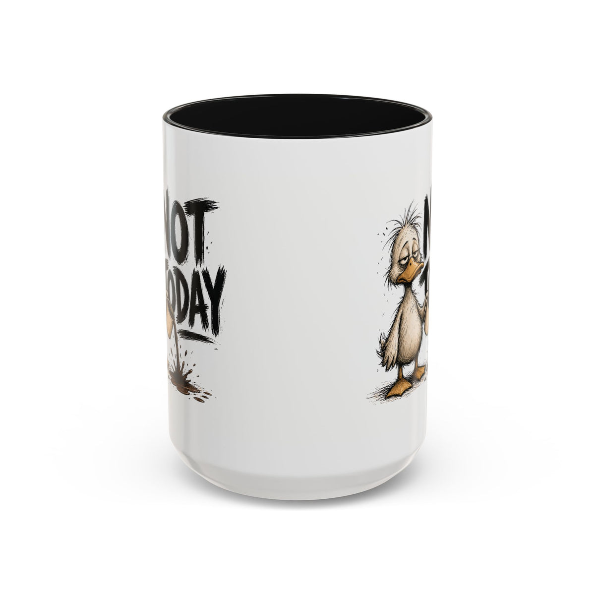 Not Today Duck Coffee Mug, another view. Wild-haired duck watching his coffee spill from a tipped mug