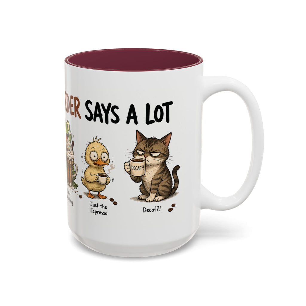Coffee Order Personalities Animal Mug, another view. Wraparound mug of cute cartoon animals, each matched to a different coffee order