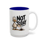 Not Today Duck Coffee Mug, another view. Wild-haired duck watching his coffee spill from a tipped mug