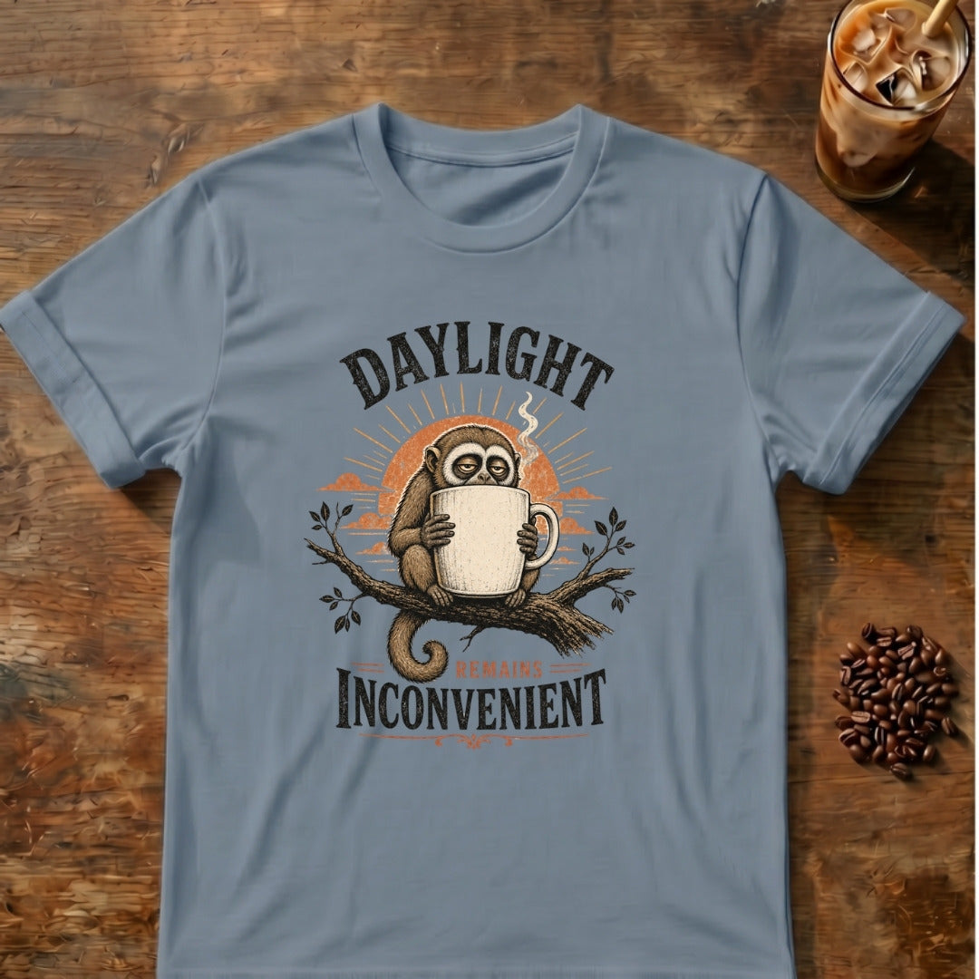 Owl Monkey graphic for Daylight Remains Inconvenient Owl Monkey on Stone-Blue T-shirt