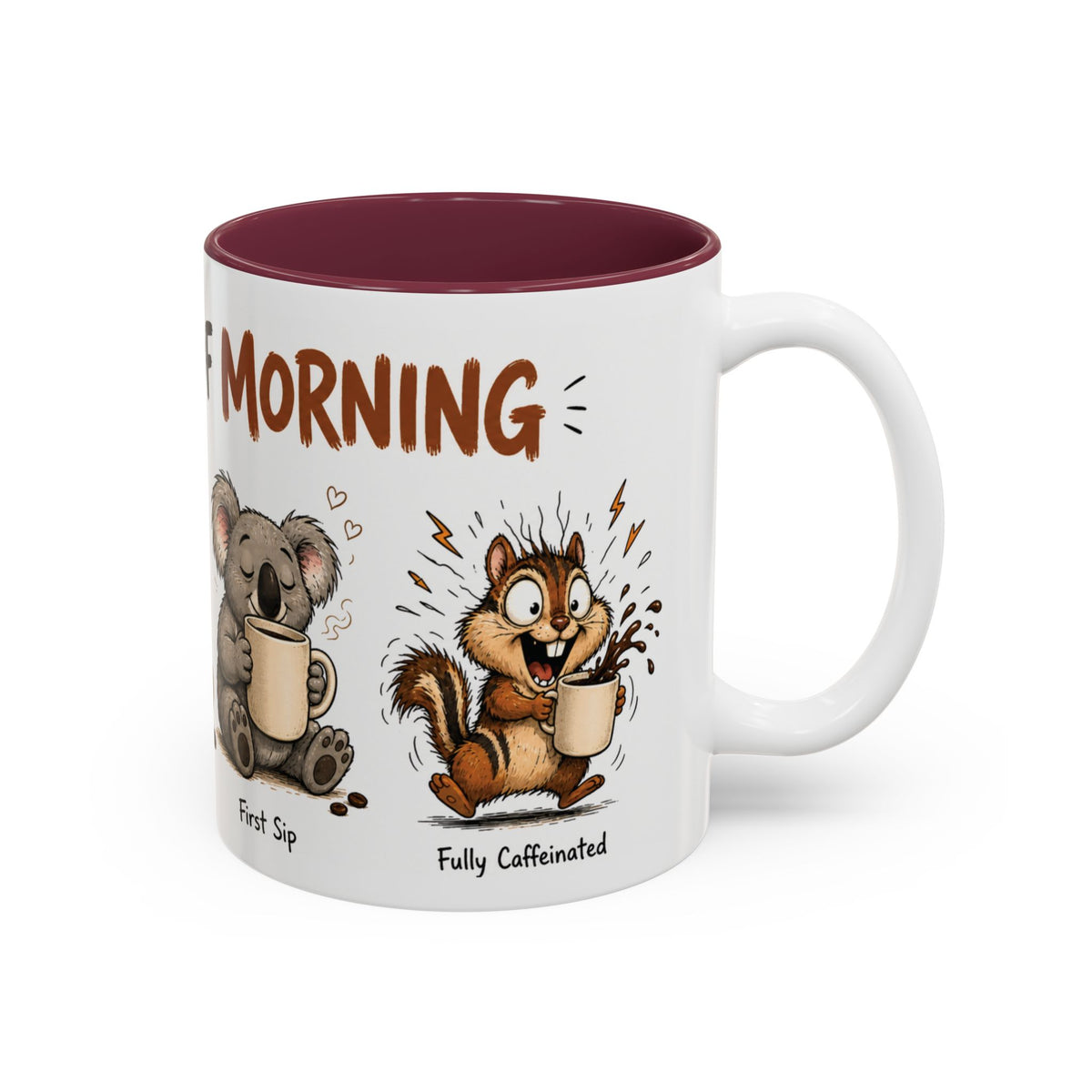 Stages of Morning Animal Coffee Mug, another view. Wraparound mug of cute animals, including a koala and a skunk, going through the “Stages of Morning” with coffee