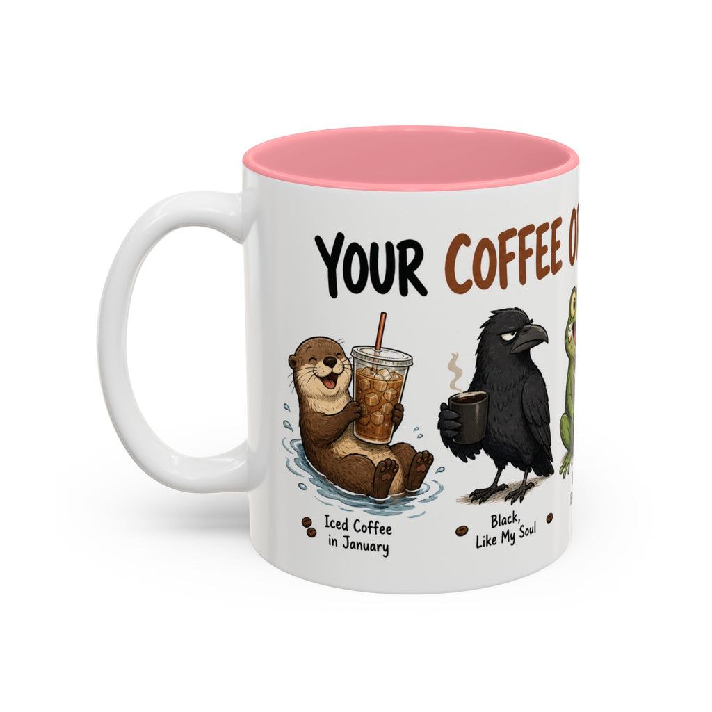 Coffee Order Personalities Animal Mug, another view. Wraparound mug of cute cartoon animals, each matched to a different coffee order