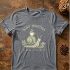 Snail graphic for Slow Mornings Snail on Graphite-Heather T-shirt