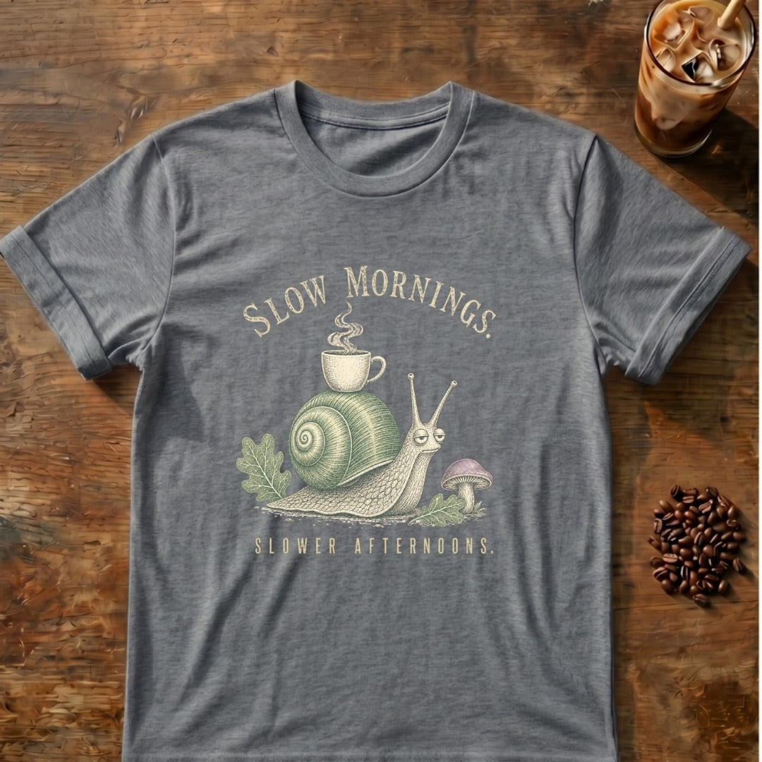 Snail graphic for Slow Mornings Snail on Graphite-Heather T-shirt
