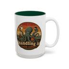 Handling It With Coffee Octopus Mug, 15 oz, white with green interior. Sleepy octopus juggling four coffees with “Handling It (With Coffee)” text
