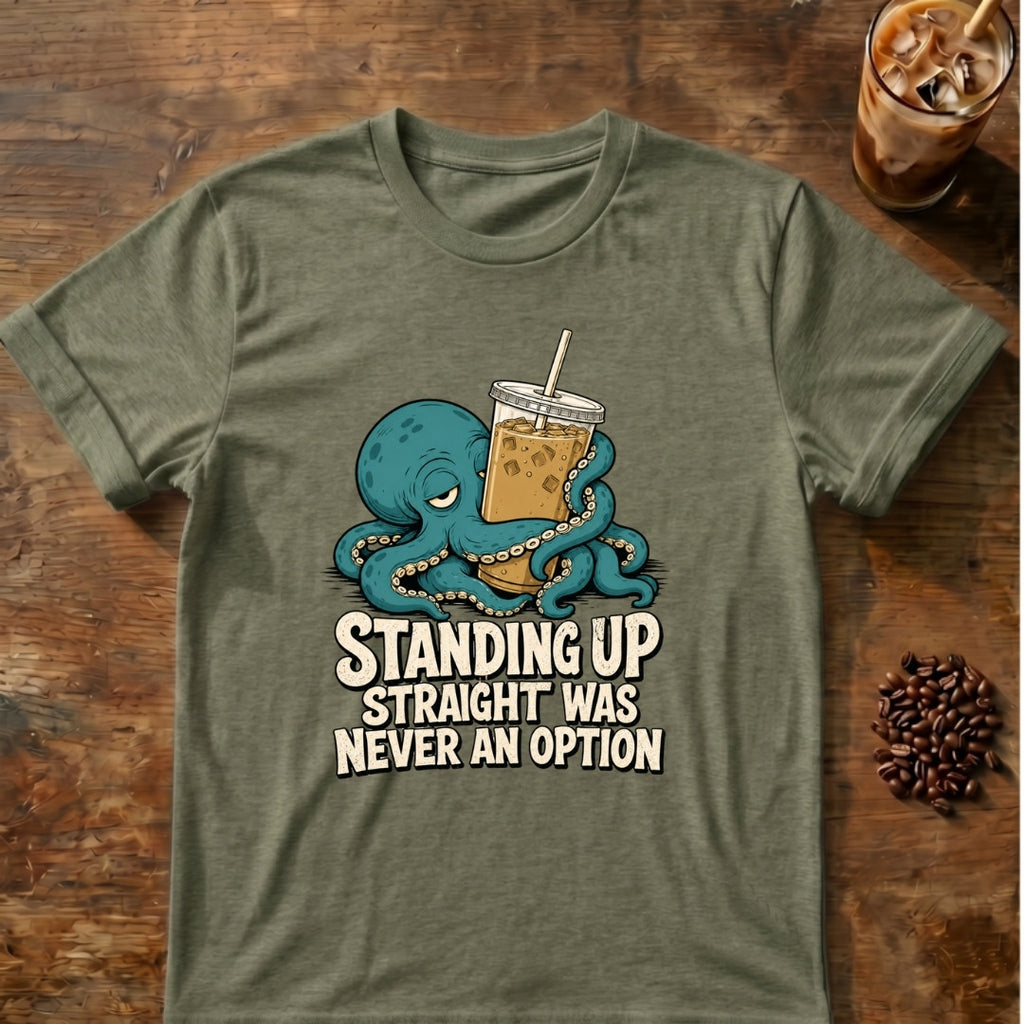 Octopus graphic for Standing Up Straight Octopus on heather-military-green T-shirt