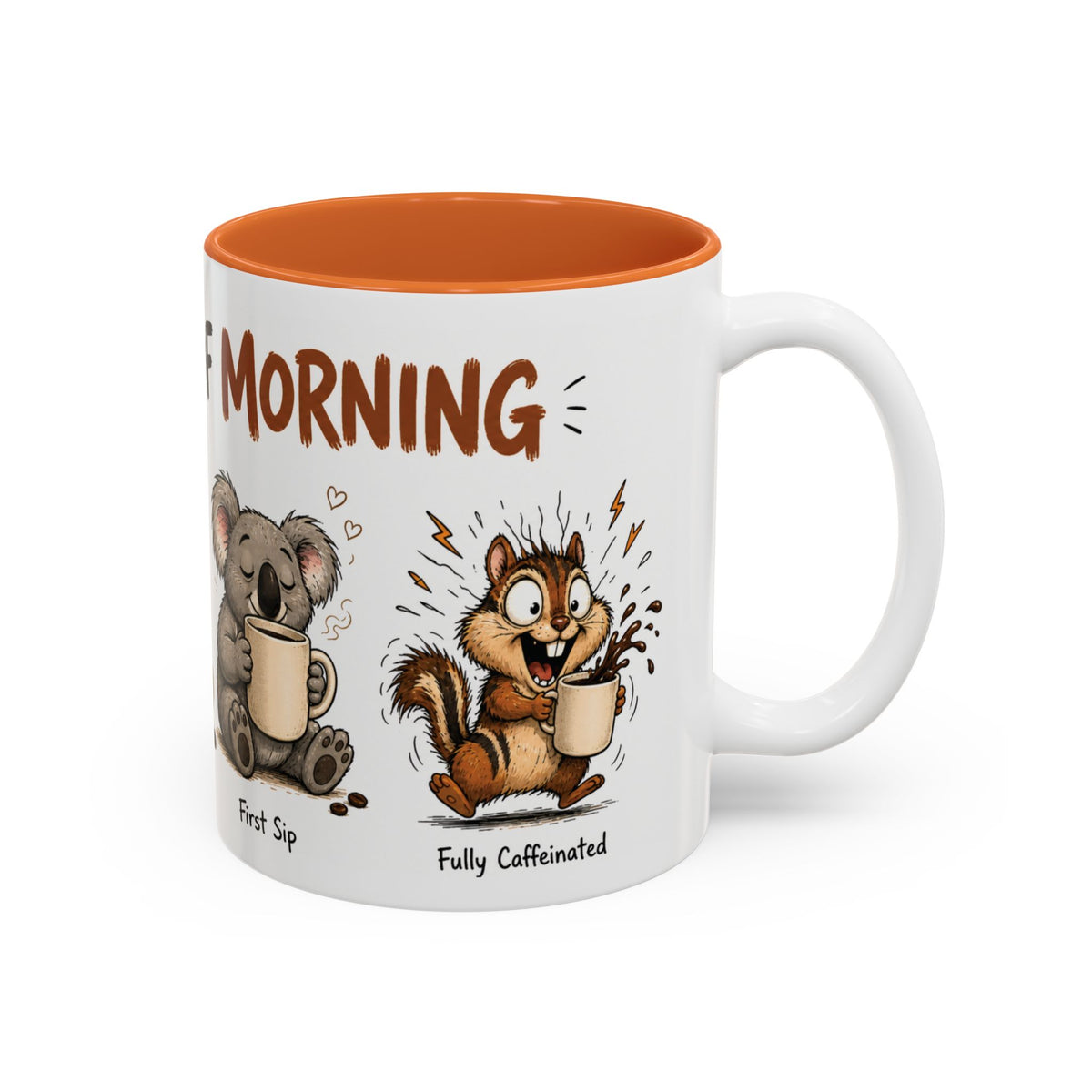 Stages of Morning Animal Coffee Mug, another view. Wraparound mug of cute animals, including a koala and a skunk, going through the “Stages of Morning” with coffee