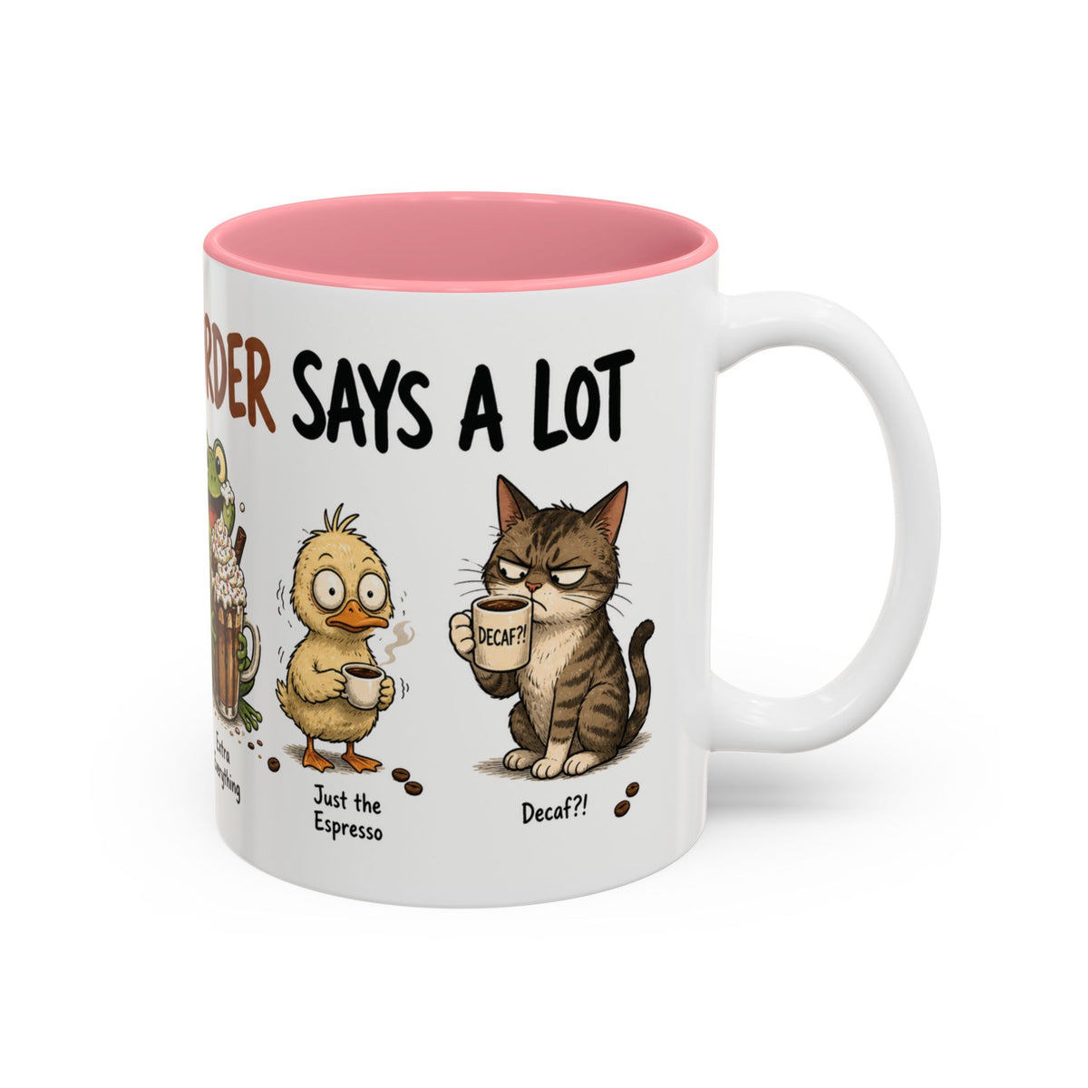 Coffee Order Personalities Animal Mug, another view. Wraparound mug of cute cartoon animals, each matched to a different coffee order