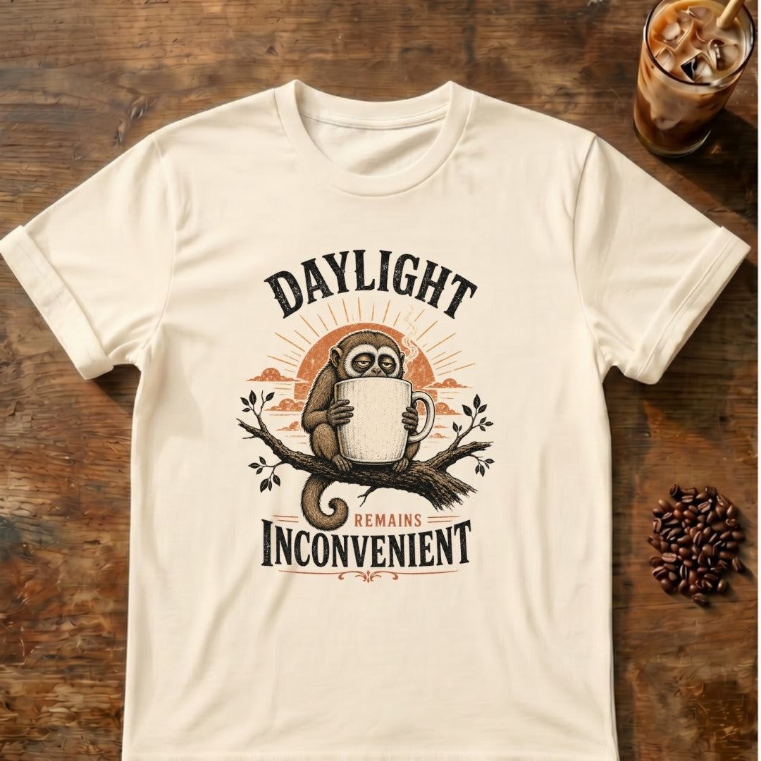 Owl Monkey graphic for Daylight Remains Inconvenient Owl Monkey on Natural T-shirt