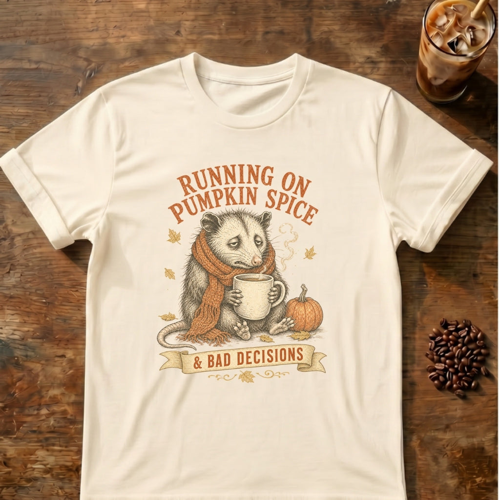 Opossum graphic for Pumpkin Spice & Bad Decisions Opossum on Natural T-shirt