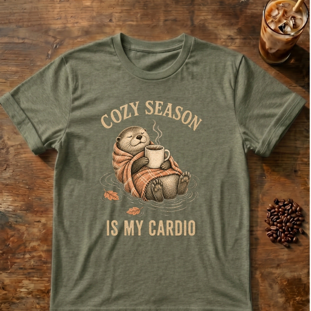 Otter graphic for Cozy Season Is My Cardio Otter on Heather-Military-Green T-shirt
