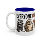 Everyone Copes Differently Animal Coffee Mug, 11 oz, white with blue interior. Wraparound mug with a raccoon, sloth, squirrel, duck and otter coping with coffee under “Everyone Copes Differently”