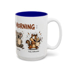 Stages of Morning Animal Coffee Mug, another view. Wraparound mug of cute animals, including a koala and a skunk, going through the “Stages of Morning” with coffee