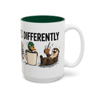 Everyone Copes Differently Animal Coffee Mug, another view. Wraparound mug with a raccoon, sloth, squirrel, duck and otter coping with coffee under “Everyone Copes Differently”