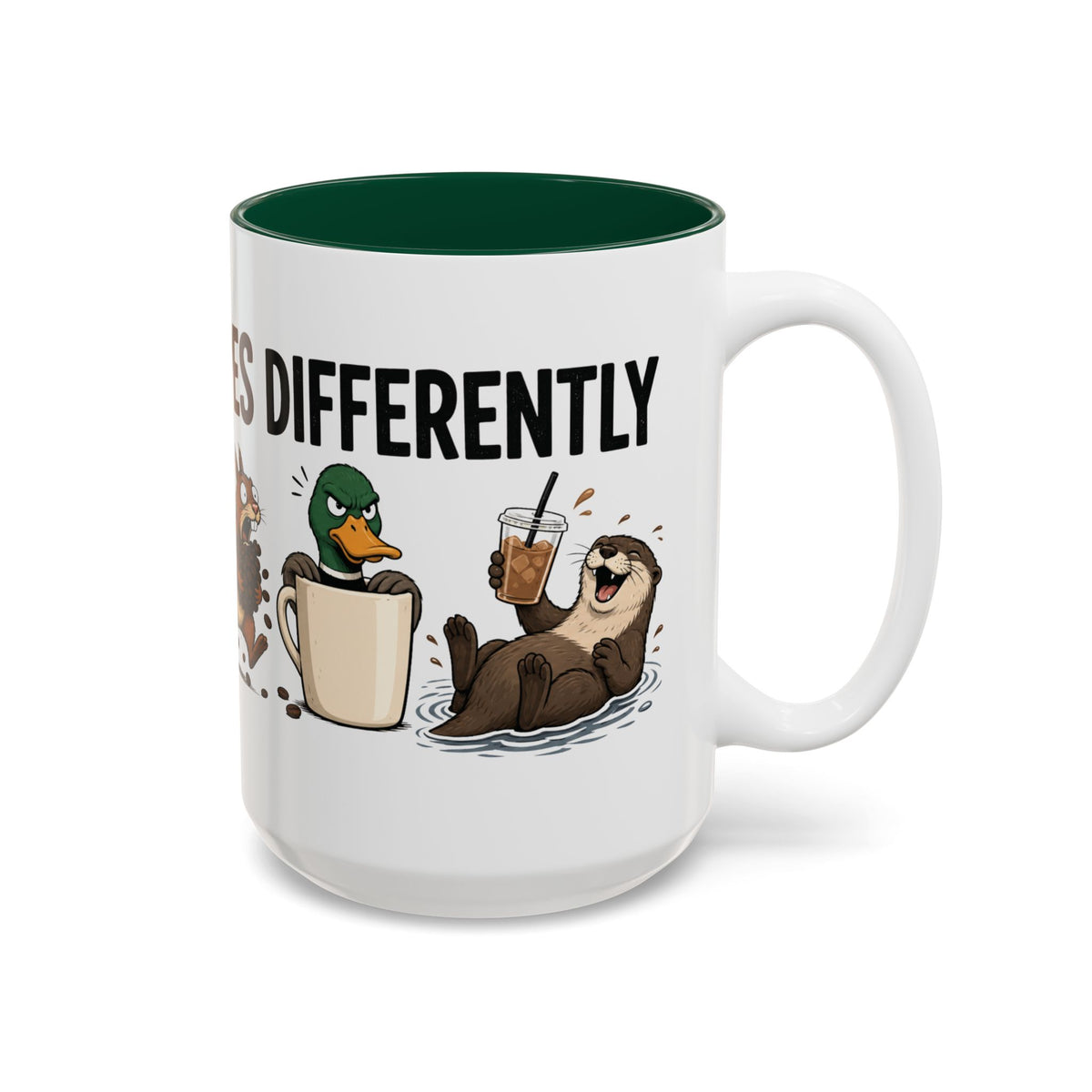 Everyone Copes Differently Animal Coffee Mug, another view. Wraparound mug with a raccoon, sloth, squirrel, duck and otter coping with coffee under “Everyone Copes Differently”