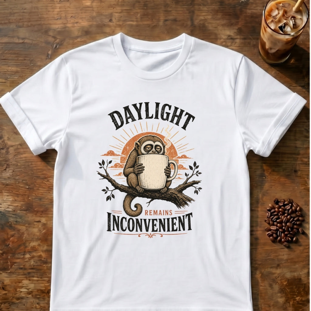 Sleepy owl monkey hugging a giant steaming mug on a branch in front of a rising sun with the words Daylight Remains Inconvenient on a White T-shirt.
