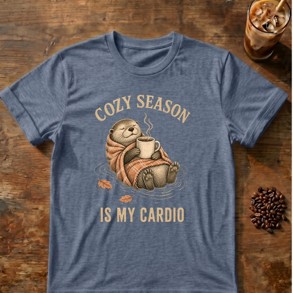 Otter graphic for Cozy Season Is My Cardio Otter on Heather-Indigo T-shirt