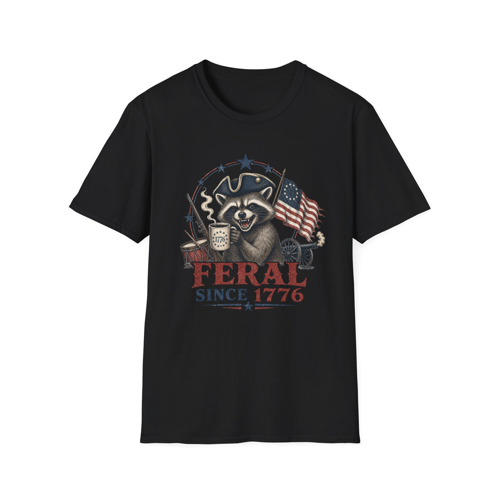 Feral Since 1776 T-Shirt — Patriotic Raccoon Flag Tee