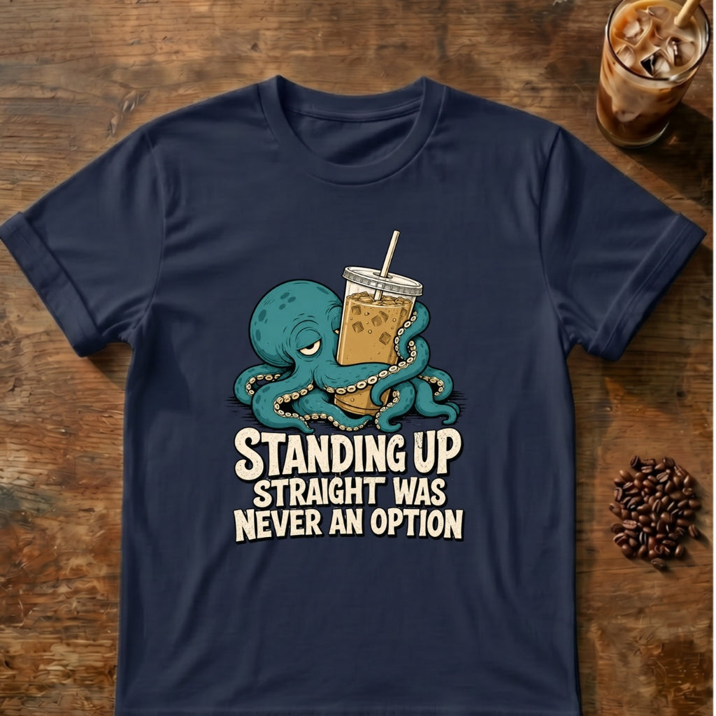 Octopus graphic for Standing Up Straight Octopus on navy T-shirt