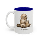 Still Not Fully Charged Platypus Coffee Mug, another view. Sleepy platypus sipping iced coffee with “still not fully charged” text