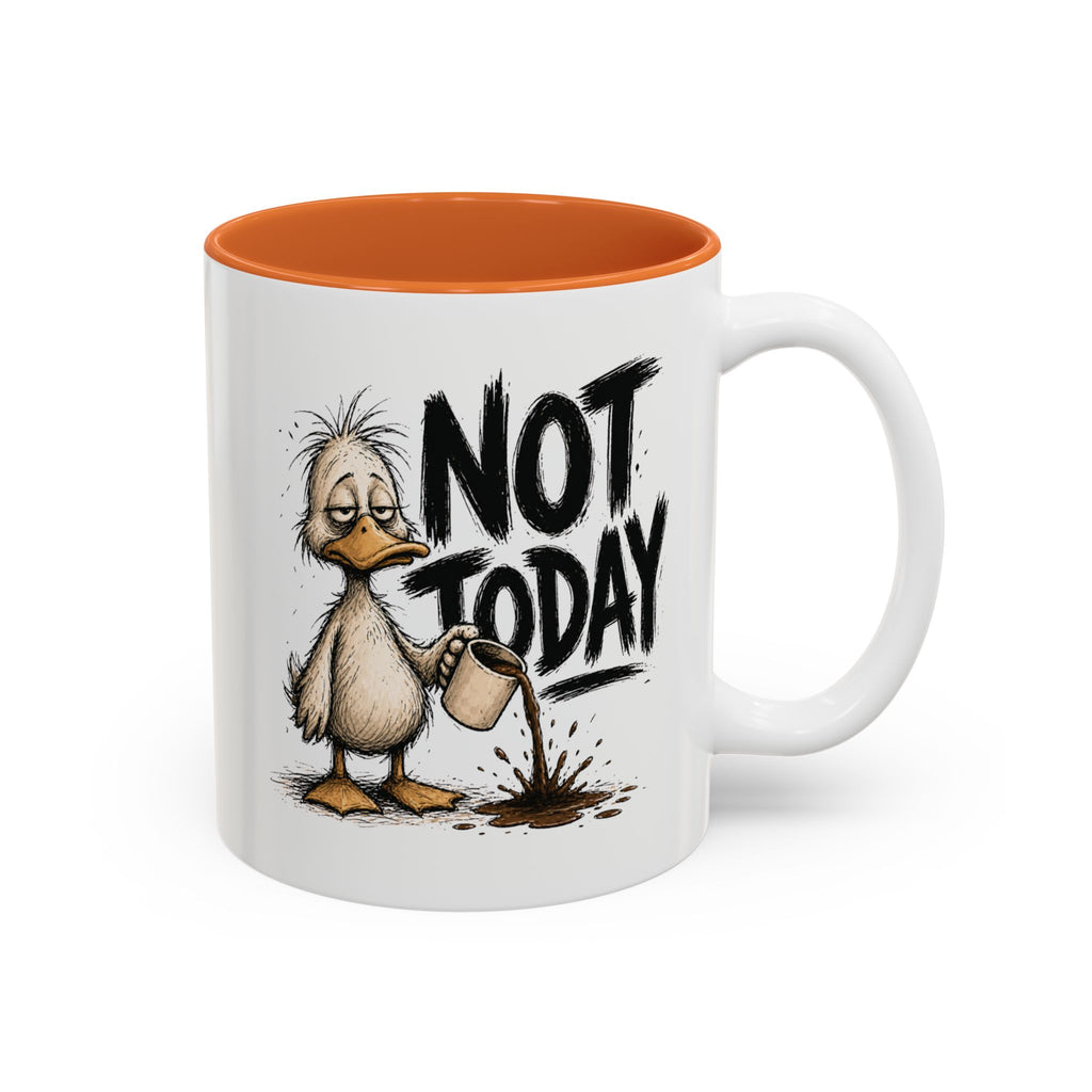 Not Today Duck Coffee Mug, another view. Wild-haired duck watching his coffee spill from a tipped mug
