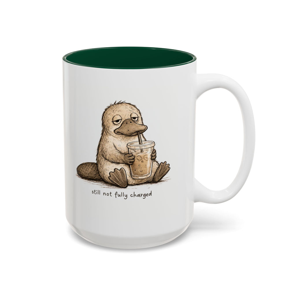 Still Not Fully Charged Platypus Coffee Mug, another view. Sleepy platypus sipping iced coffee with “still not fully charged” text